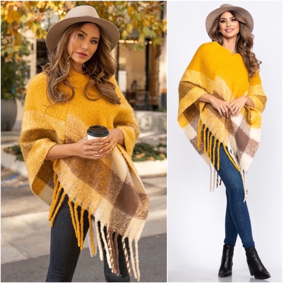 Blossom Boutique Sweaters - 1 LEFT! Mustard Soft Cozy Warm Fall Poncho Madras Print Women's Fall Soft Top